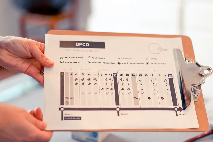 Le parcours de soin BPCO de La Bulle, imprimé sur un porte-documents : vingt séances réparties sur six semaines, avec leurs bilans